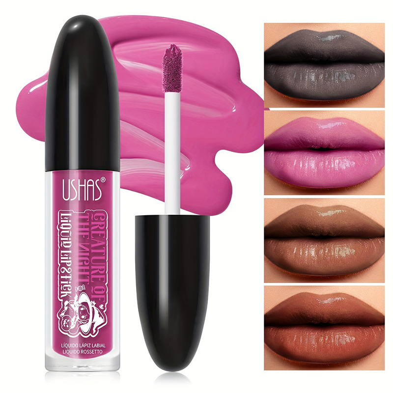 USHAS Esmalte de labios de punto transfronterizo europeo y americano, impermeable y fácil de colorear, taza antiadherente de larga duración, lápiz labial líquido, boca negra UC048