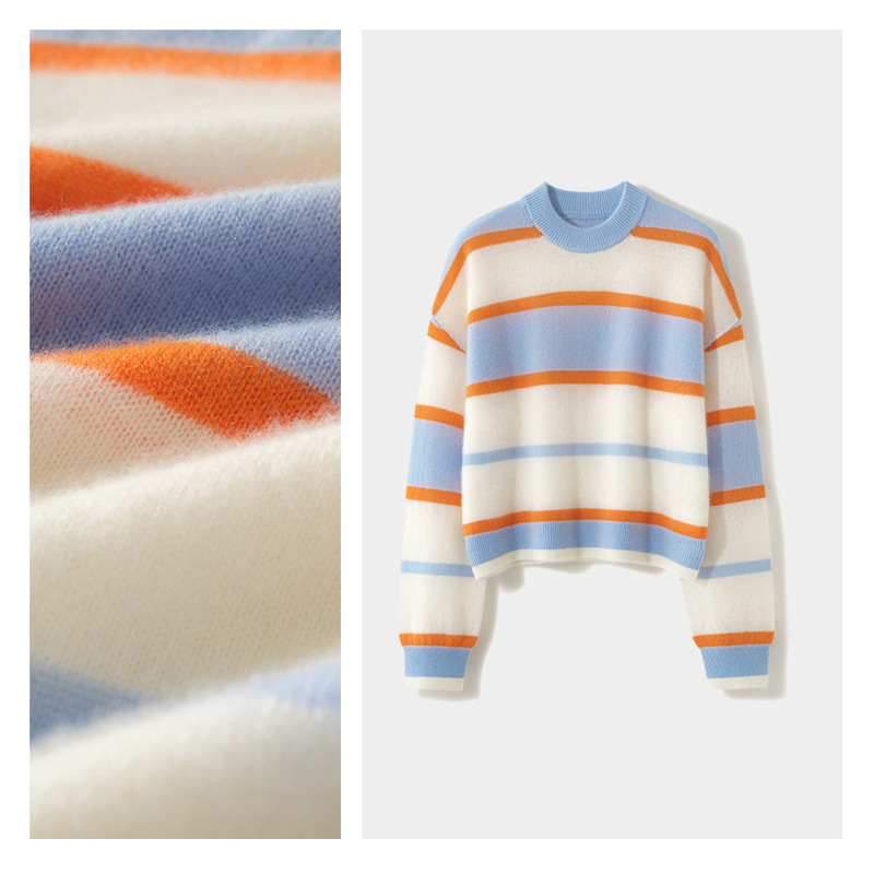 Ehome Same Style 100% Pure Cashmere Wide Round Neck Color-Blocked Horizontal Striped Pullover Versatile Elegant Sweater Ehome Same Style 100% Pure Cashmere Wide Round Neck Color-Blocked Horizontal Striped Pullover Versatile Elegant Sweater