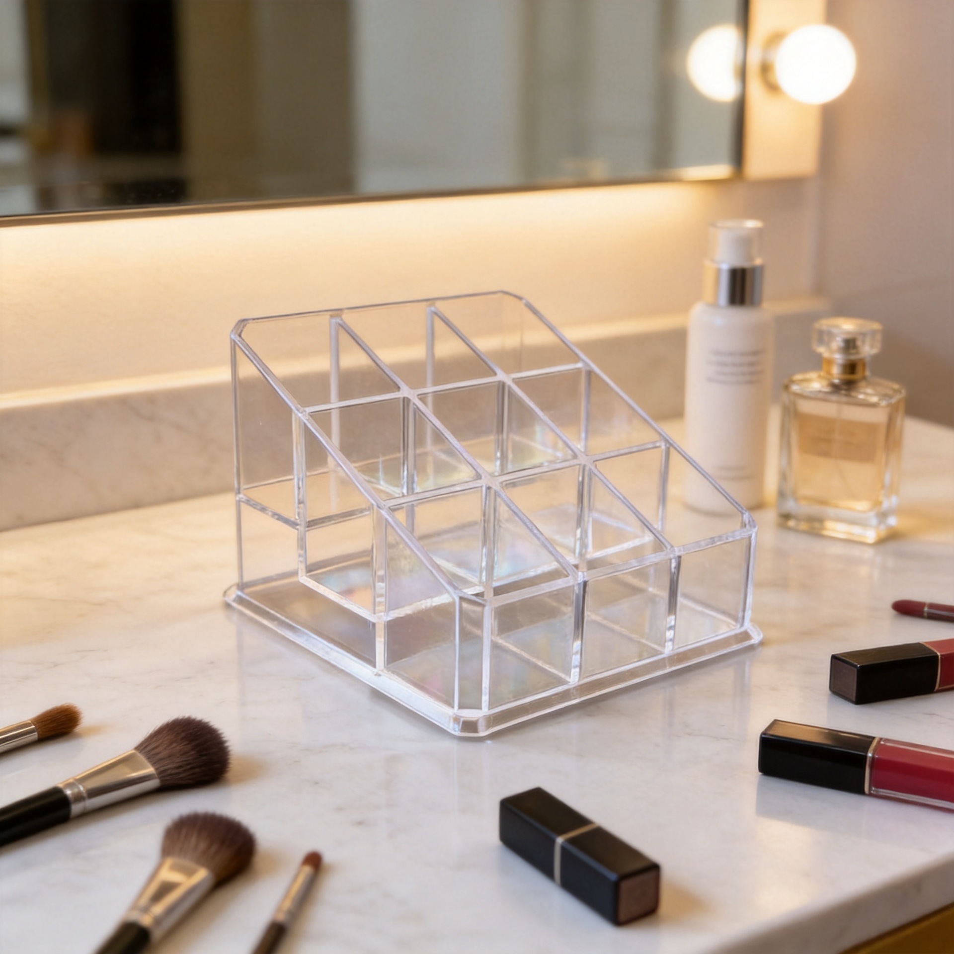 Lipstick storage box, tiered design with 9 compartments, transparent cosmetic organizer for home use, display and storage shelf