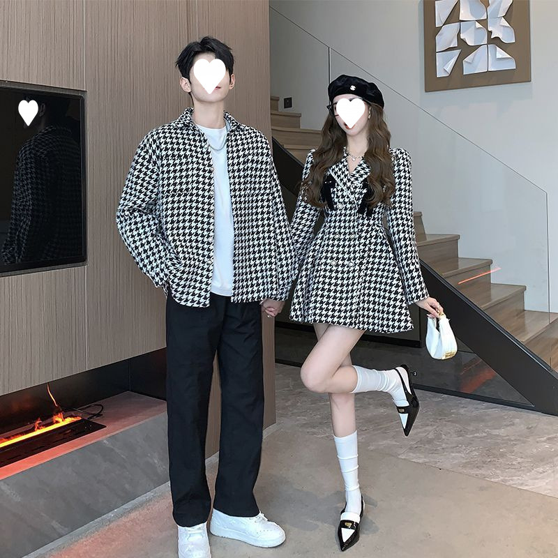 情侣装一裙一衣秋冬款小香风连衣裙女收腰名媛风法式衬衫男外套潮