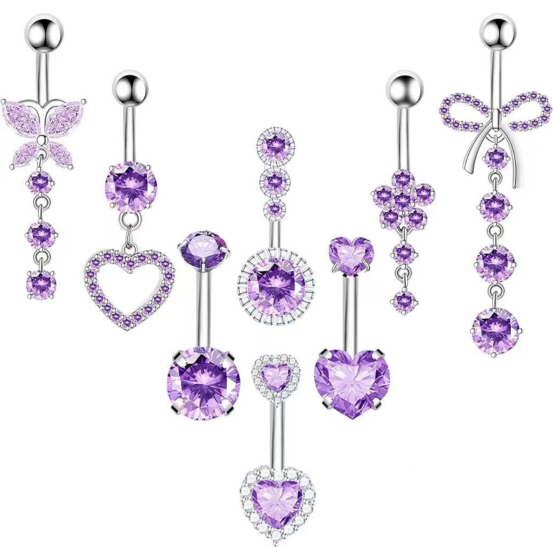 Set di otto pezzi in acciaio inossidabile per piercing all'ombelico con cuore e fiore, intarsi in zircone, gioielli semplici per piercing all'ingrosso_voghion.com