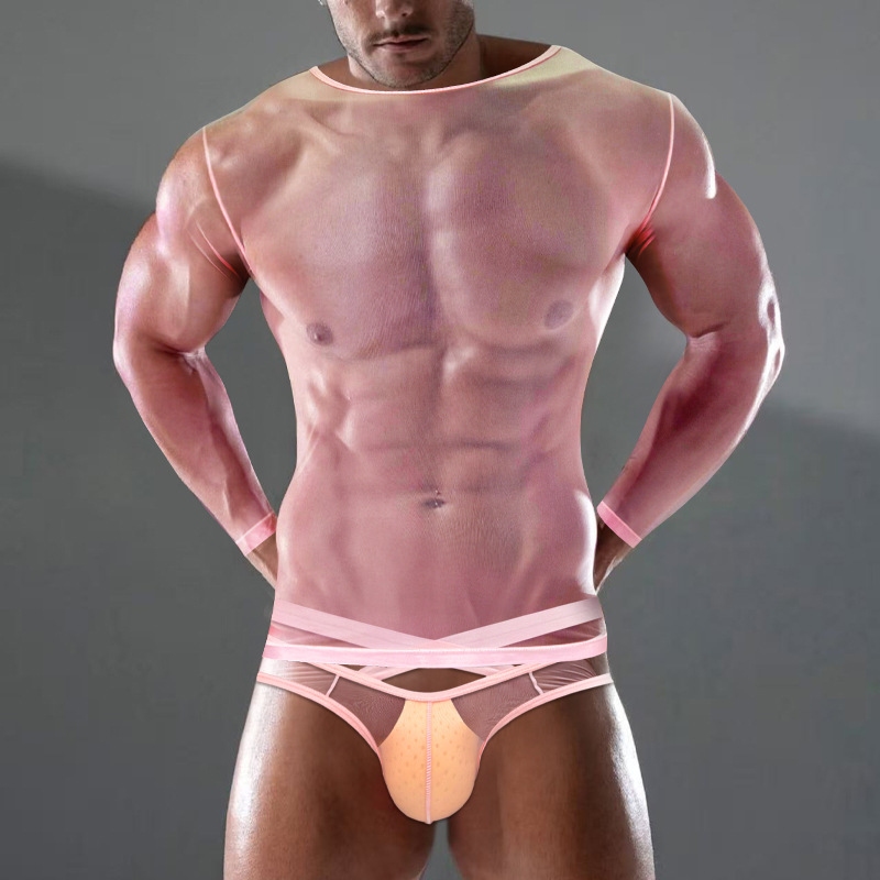 Men's Lightweight Single-Layer Breathable Mesh T-Shirt Translucent Sexy See-Through Sexy Men's Silky Fully Transparent Ad7461