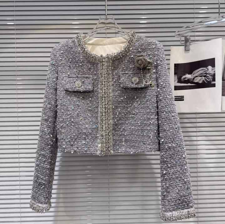 2025 Autumn New Style Small Fragrance Flower Pin Studded Diamond Collar Tweed Light Luxury Short Jacket for Women
