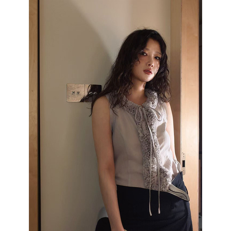 Designer Women's Clothing, Cotton Semi-Sheer Sleeveless Shirt with Ruffle Trim Designer Women's Clothing, Cotton Semi-Sheer Sleeveless Shirt with Ruffle Trim