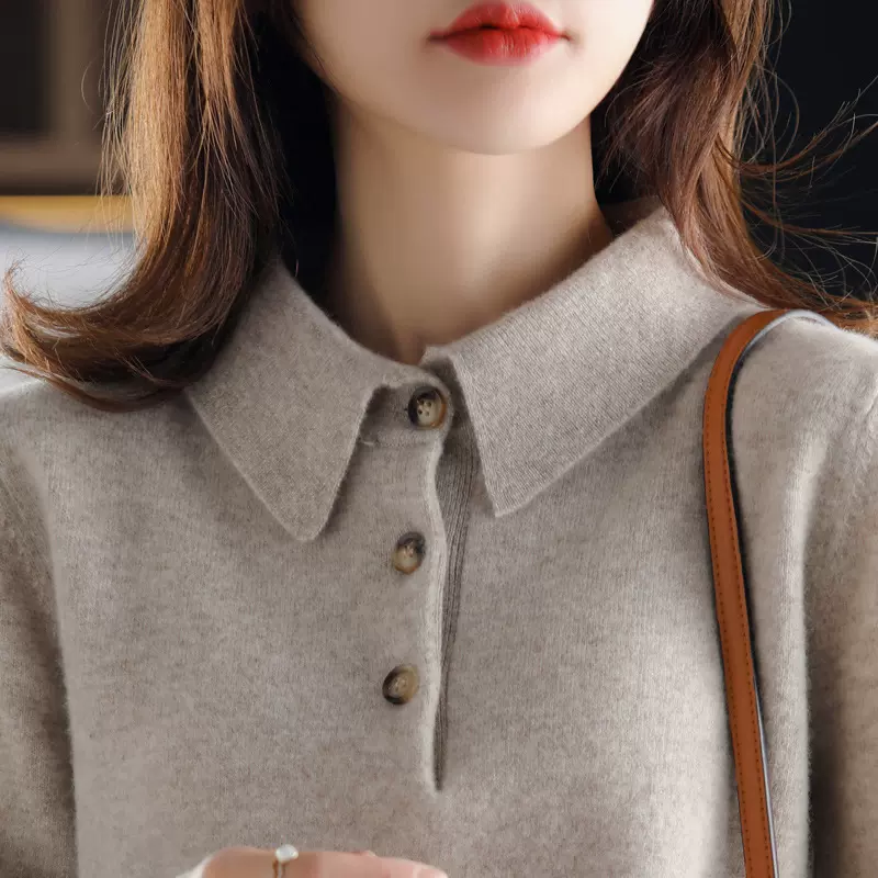 秋冬款polo领100羊毛衫女气质翻领 毛衣娃娃领衬衫针织打底羊绒衫