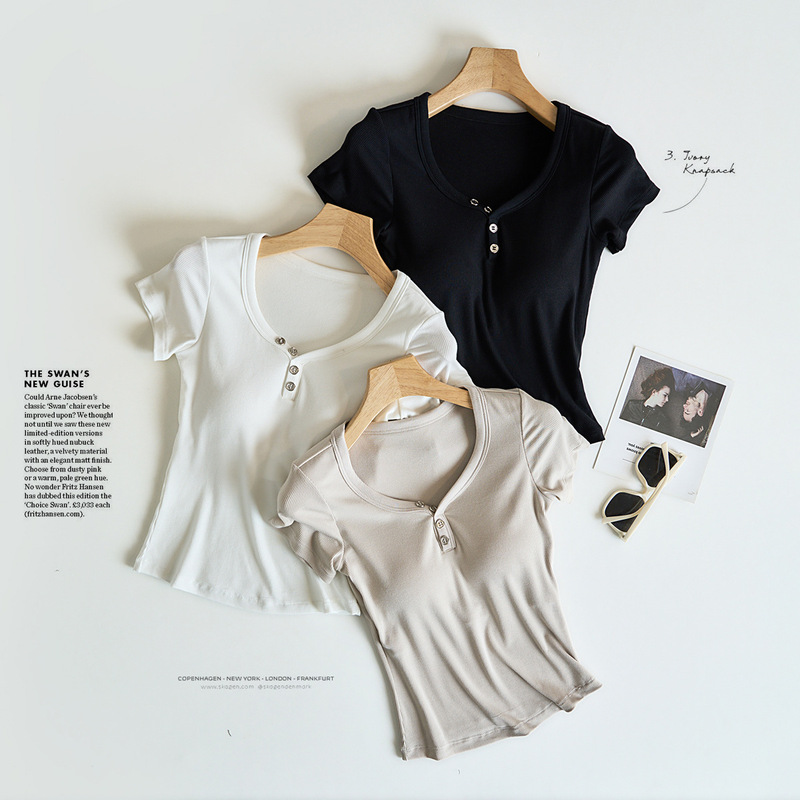 With Breast Pad and Cup Integrated American Retro Sexy V Neck Short-Sleeved T-Shirt Women's Summer New Slimming Look Top