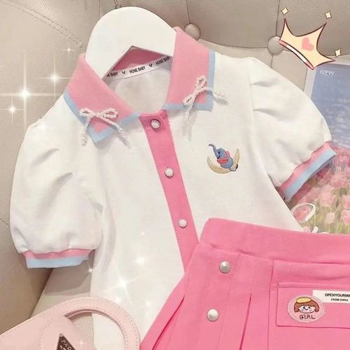 Girls' Korean style suit  new summer style Internet celebrity medium and large children's style short-sleeved Polo shirt pleated skirt two-piece set