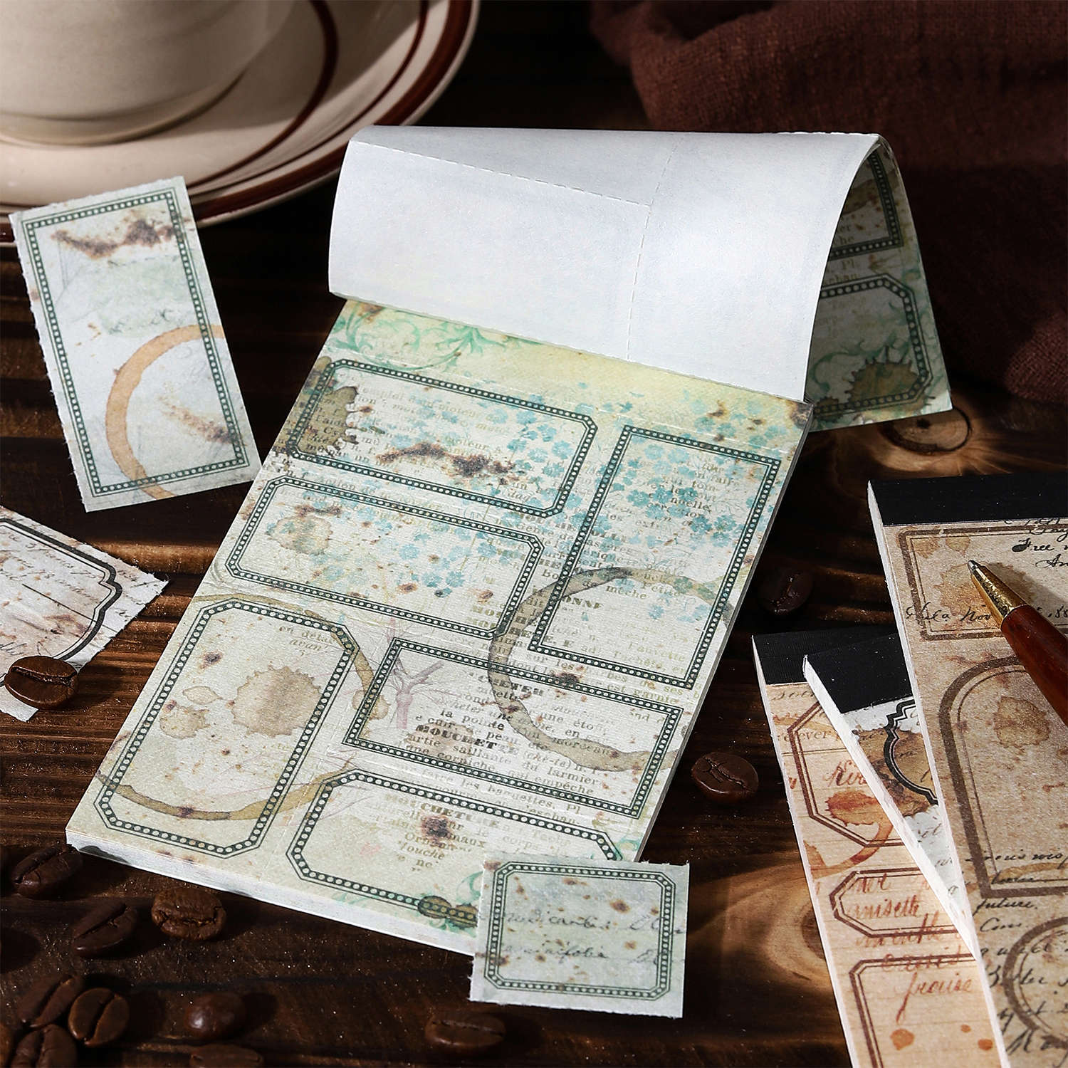 咖啡日记系列边框便签本 复古咖啡渍邮票手帐装饰背景贴画打底纸
