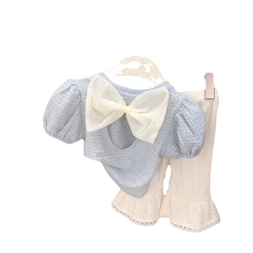 Little Girl Short Sleeve Set 2024 New Children's Summer Solid Color Stylish Bowknot Backless Top and Trumpet Pants Set