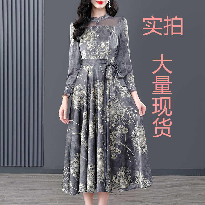 Real shot elegant cross-border original new acetic acid satin popular autumn dress dress long temperament dress
