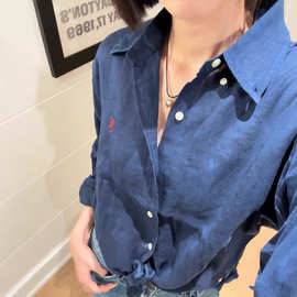 现货RL小马标刺绣宽松亚麻轻薄防晒正确版本休闲百搭长袖衬衣女夏