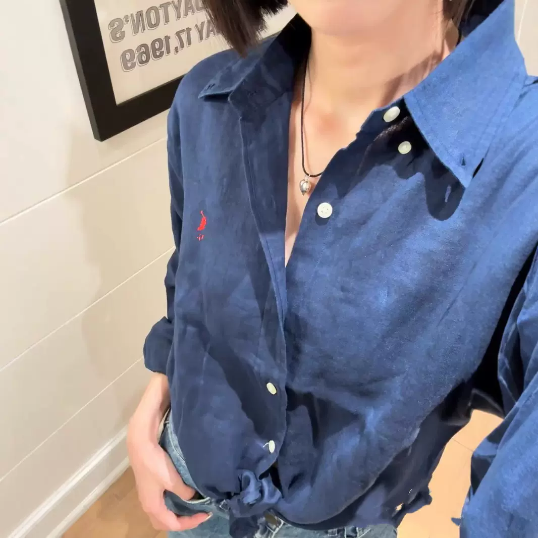 现货RL小马标刺绣宽松亚麻轻薄防晒正确版本休闲百搭长袖衬衣女夏