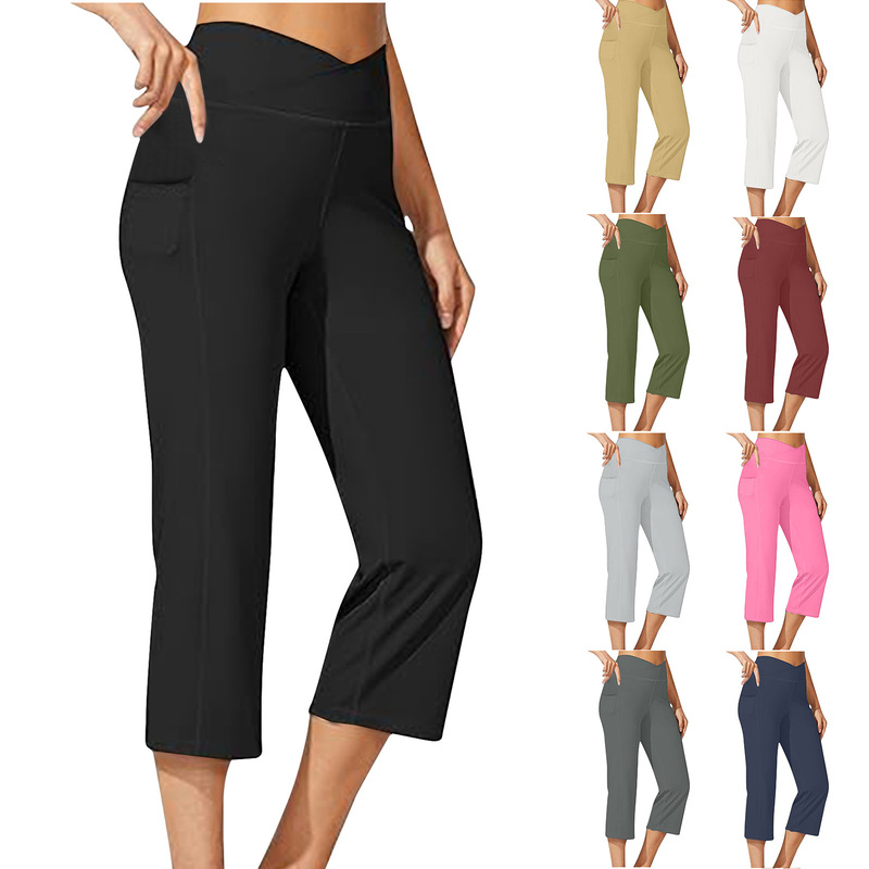 2024 Cross-border European and American Women's Women's Solid Color Capri Pants with Pocket Belly Tight High Waist Sports Yoga Pants Women's Clothing