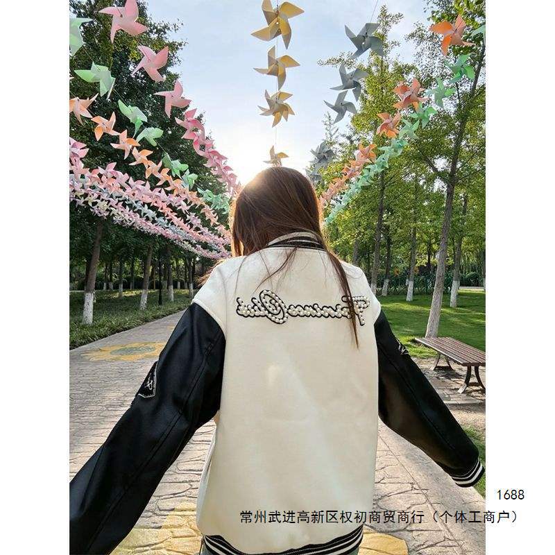 秋冬美式街头风珍珠钉珠拼接撞色夹克外套男女休闲情侣复古棒球服