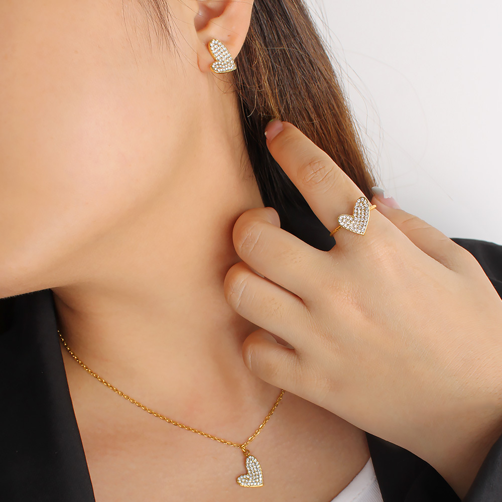 Cross-border Christmas Thanksgiving Love Diamond Stainless Steel Necklace Ring Earrings European and American Light Luxury Explosive Women's Suit