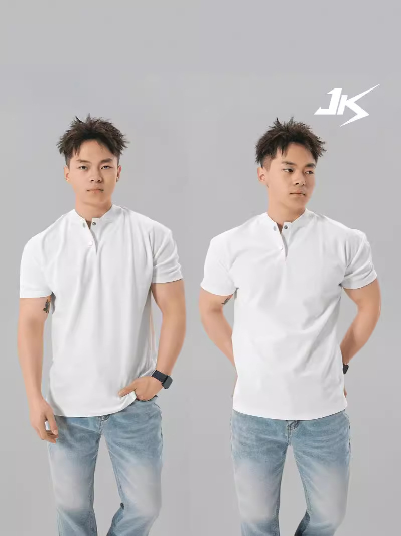 Puños de verano Nuevo polo chino Camisa de manga corta con cuello Henry Camiseta de hombre de fitness deportivo de ocio de alta elasticidad