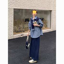 春秋季韩版大码洋气半身裙衬衫披肩休闲三件套胖时尚显套装女拼接
