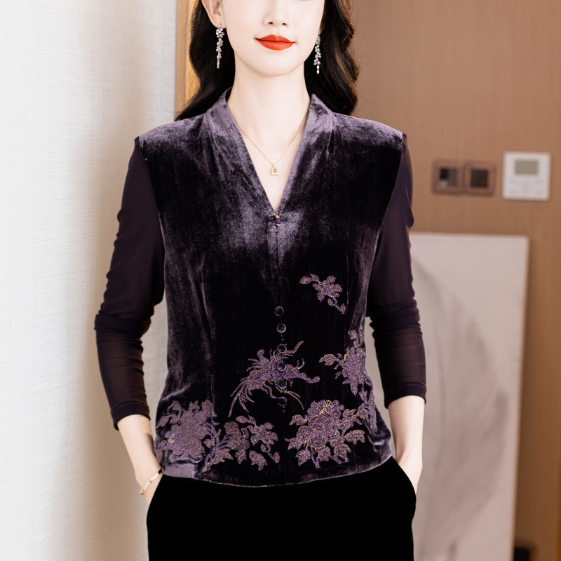 Quality Guaranteed Age-Reducing Elegant Mother's New Chinoiserie V Neck Embroidered Gold Velvet and Elastic Mesh Bottoming Shirt