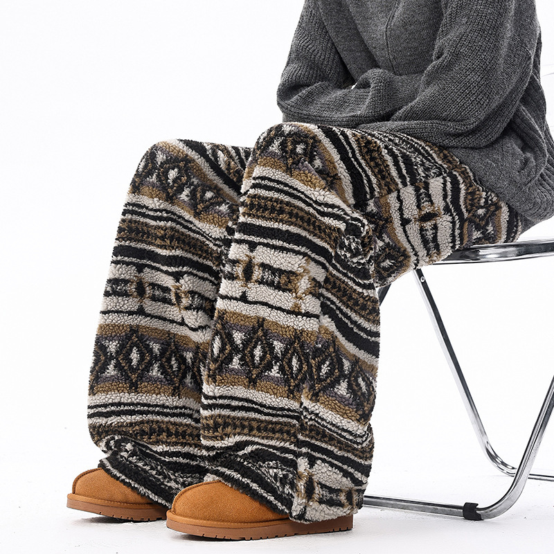 Fair Isle Retro Ethnic Style Casual Pants Autumn and Winter Striped Loose Wide-Leg Pants Thickened Warm Lazy Style Long Pants