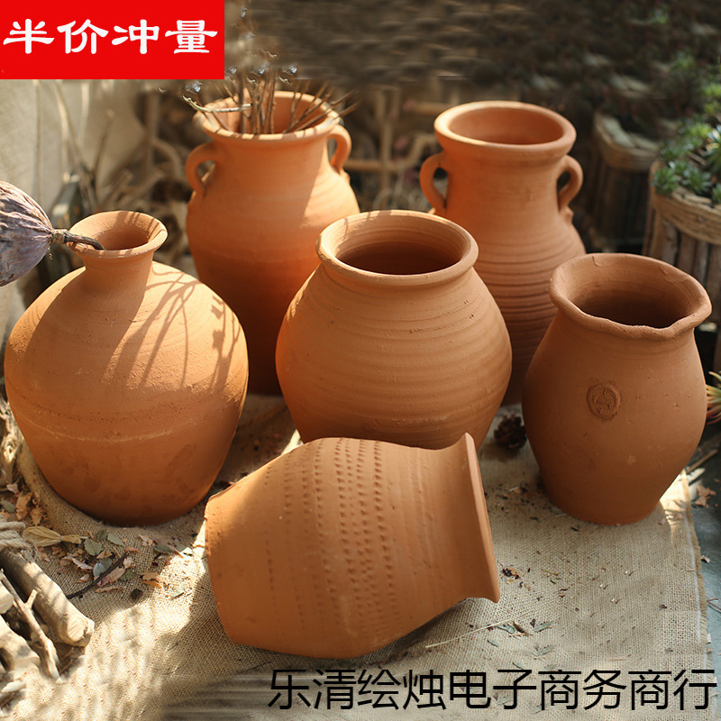 新中式禅意干花盆粗陶插花瓶复古摆件客厅插干花器仿古多肉土之新