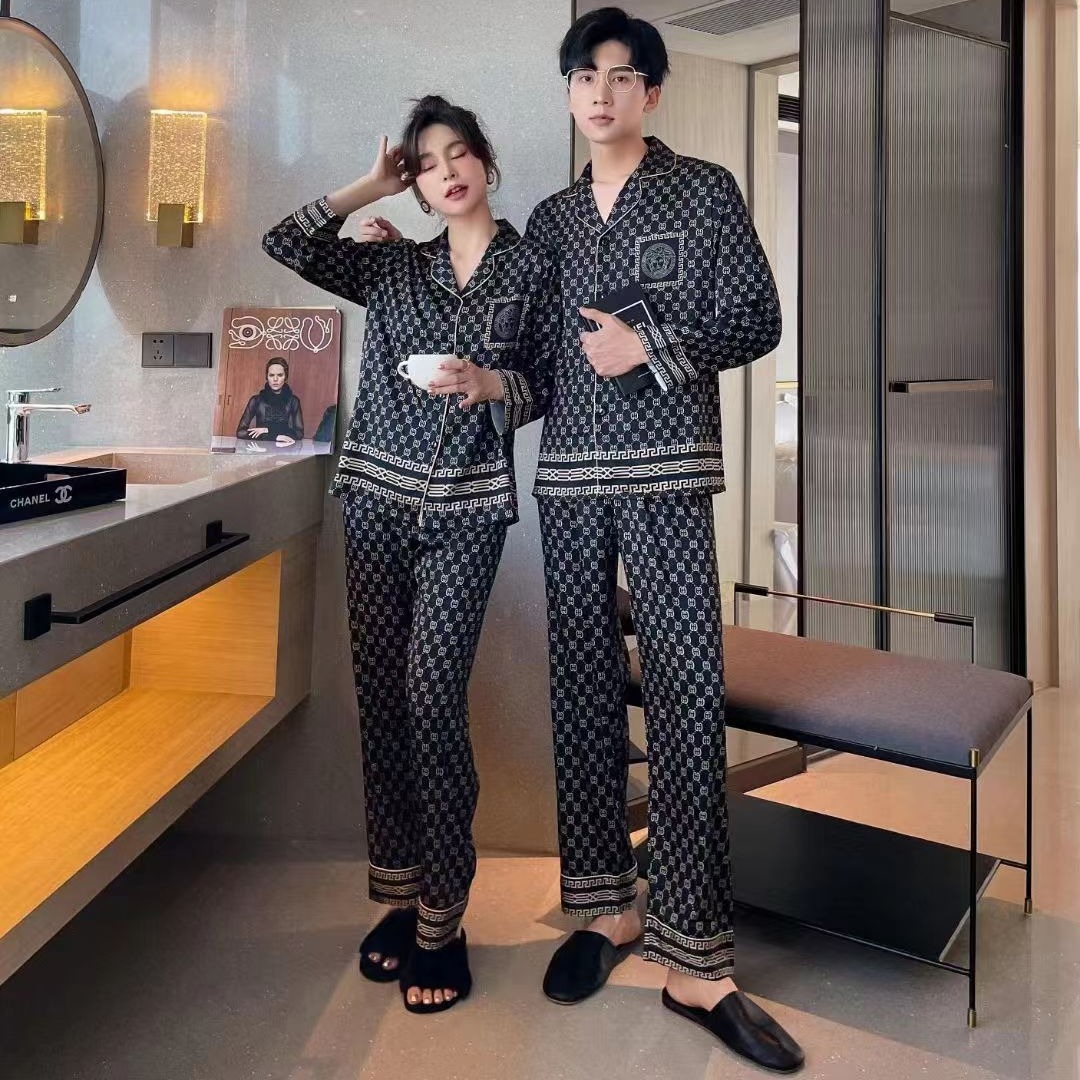 2023 primavera y otoño nueva pareja pijamas de seda de hielo de las mujeres de manga larga estilo europeo y americano de los hombres al aire libre desgaste del hogar