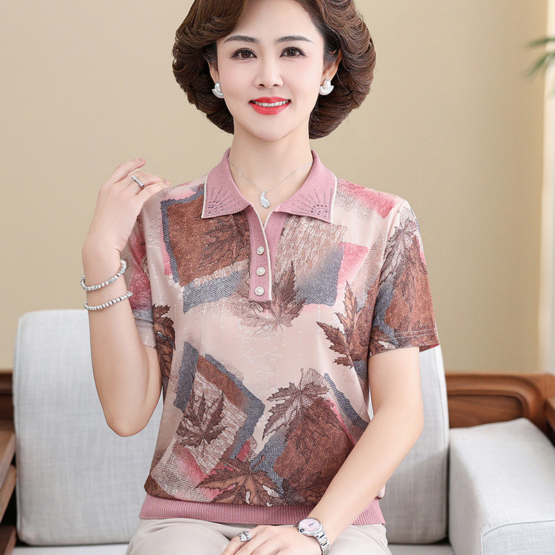 Mother's Summer Short-sleeved T-shirt Middle-aged and Elderly Women's Clothing 50-60 Years Old Loose Ice Silk Top Middle-aged Women's Grandma Clothes