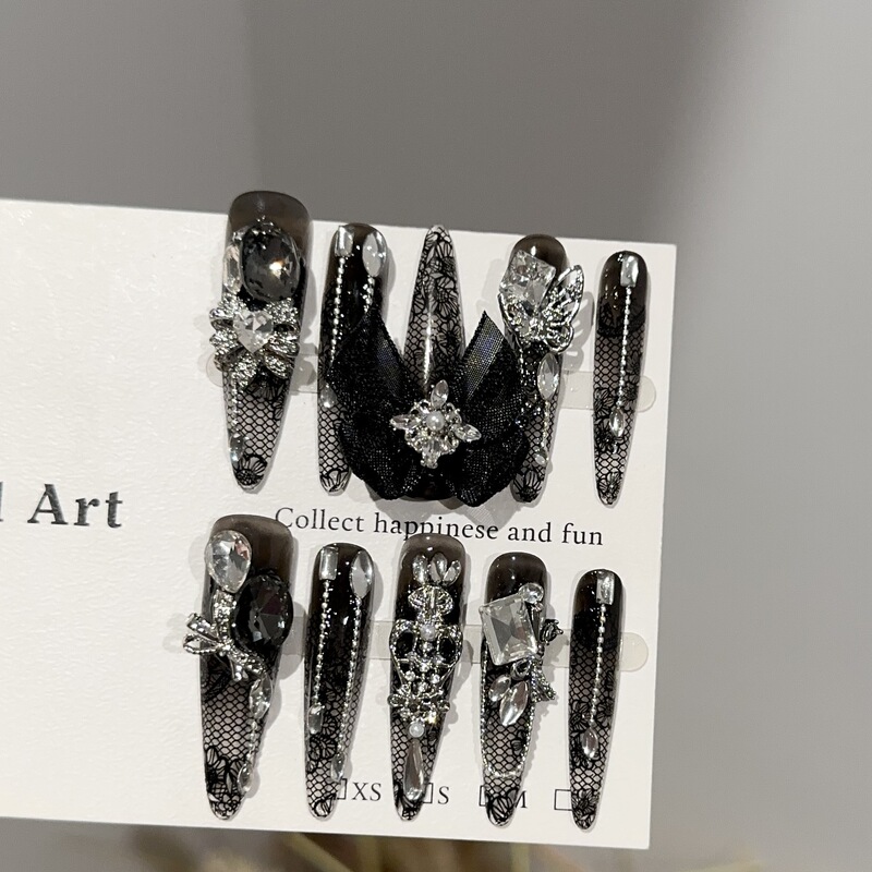 Purely Handmade Wearable Nails, High-End Autumn and Winter Black Lace Pattern Long Manicure Pieces, Piled Diamonds, Heavy-Duty Fake Nail Patches Purely Handmade Wearable Nails, High-End Autumn and Winter Black Lace Pattern Long Manicure Pieces, Piled Diamonds, Heavy-Duty Fake Nail Patches