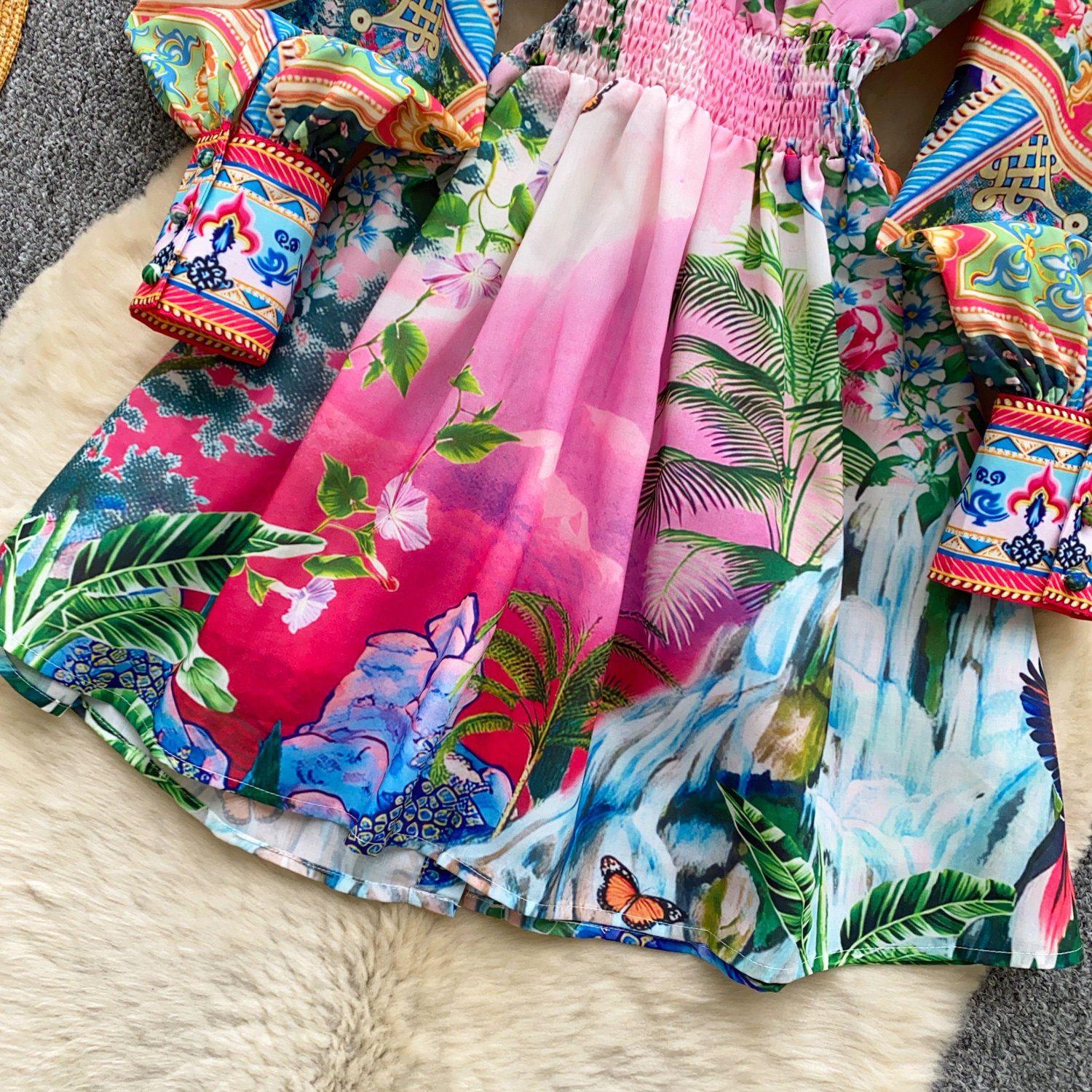 Women's Bohemian Print Dress Korean Style Long Sleeve Shirt Collar Tie Waist Cinching a Line Skirt for Vacation Summer_ecoleips.com