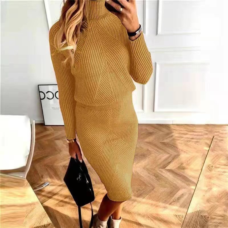 Gonna da maglione pullover in tinta unita lavorata a maglia con colletto alto da donna per l'autunno e l'inverno_voghion.com