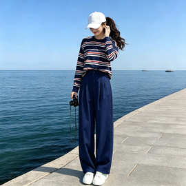2026秋冬穿搭流行款套装女韩风时尚减龄条纹长袖T恤阔腿裤两件套