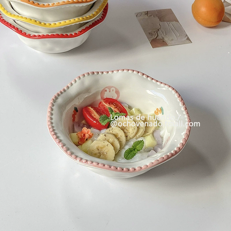 [ins碗北欧风手绘复古浮雕碗酸奶麦片早餐碗可爱吃饭碗好看新款碟]