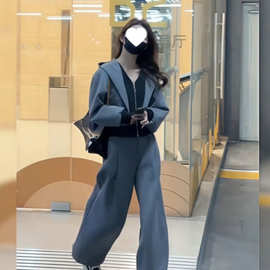 2025秋季新款时尚洋气休闲运动套装女减龄假两件胖MM阔腿裤两件套