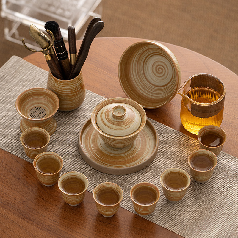 Stoneware kung fu tea set suit home office meeting set Japanese retro ceramic cover bowl tea cup gift box