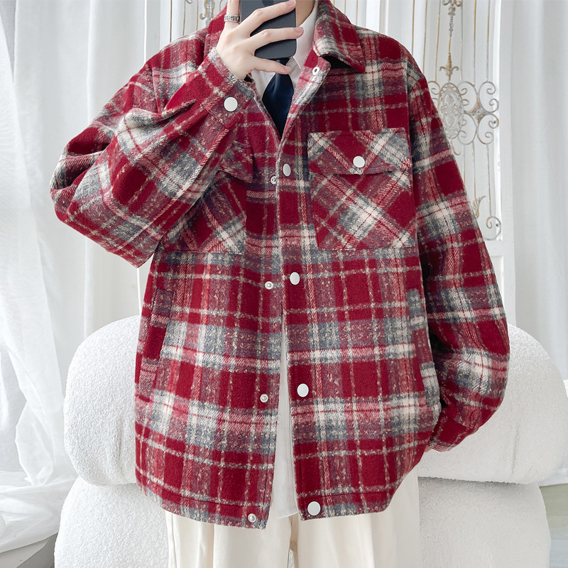 American Retro Plaid Men's Spring And Autumn Trendy High Street Vibe Baseball Style Shirt Jacket Coat_voghion.com