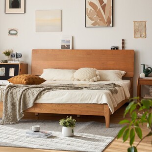 Nordic solid wood bed simple Chihiro bed master bedroom Japanese furniture log 1.8 m double cherry wood solid wood bedside