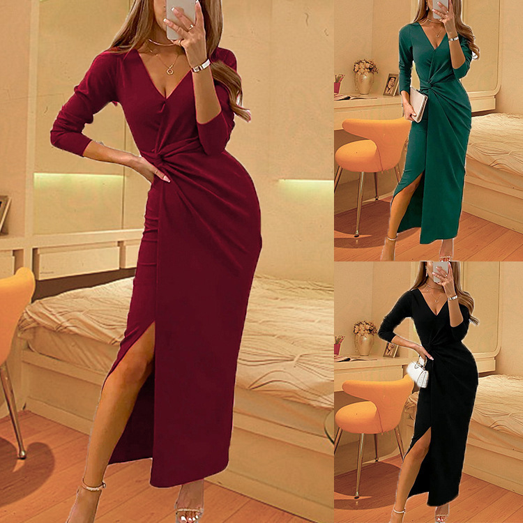 Dark green wine black color V-neck long-sleeved split  prom banquet cocktail evening dresses for women birthday party celebration dress