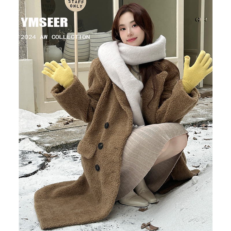 카멜 옷깃 세트 칼라 더블 브레스트 모피 양고기 코트 여성의 겨울 한국식 따뜻한 무릎 롱 코트