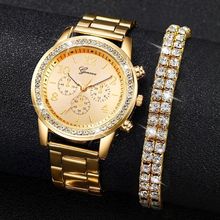 爆款日内瓦GENEVA镶钻三眼钢带表女 时尚女士石英钢带手表批发