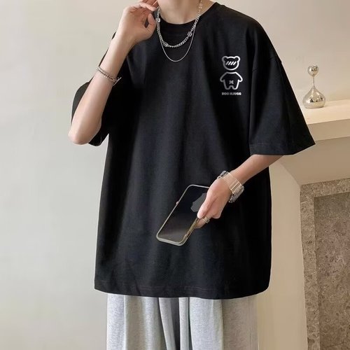 Men's Summer Short Sleeve Half-Sleeve Printed Crew Neck Hong Kong Style T-Shirt Fashion Cool Five-Sleeve Sweatshirt Summer Mid-Sleeve