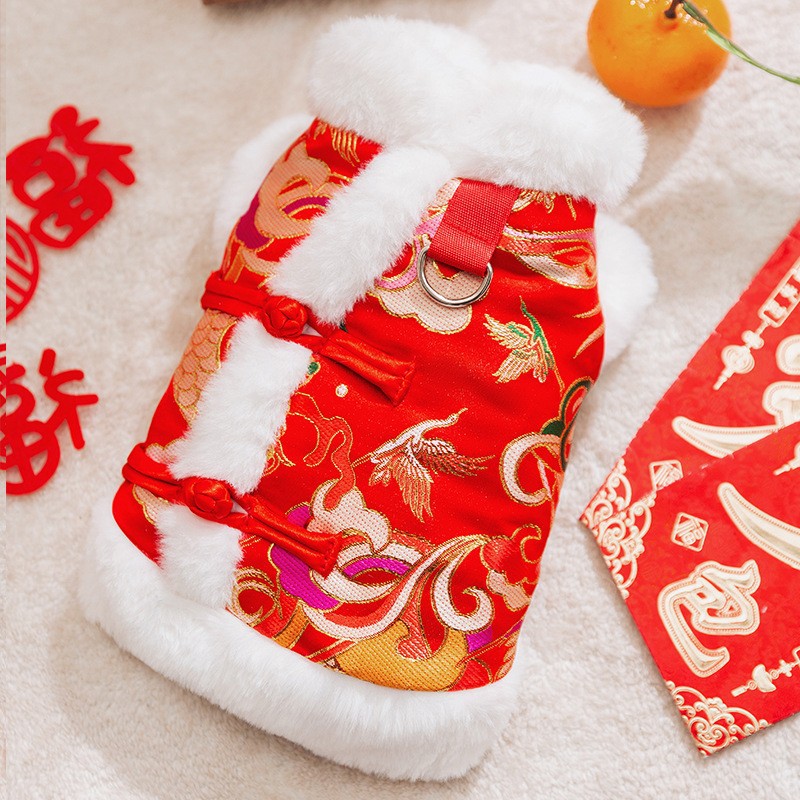 Año nuevo mascota Tang traje León danza pareja ropa de algodón acolchado ropa de Año Nuevo ropa de perro festivo gato dos pies ropa de perro caliente