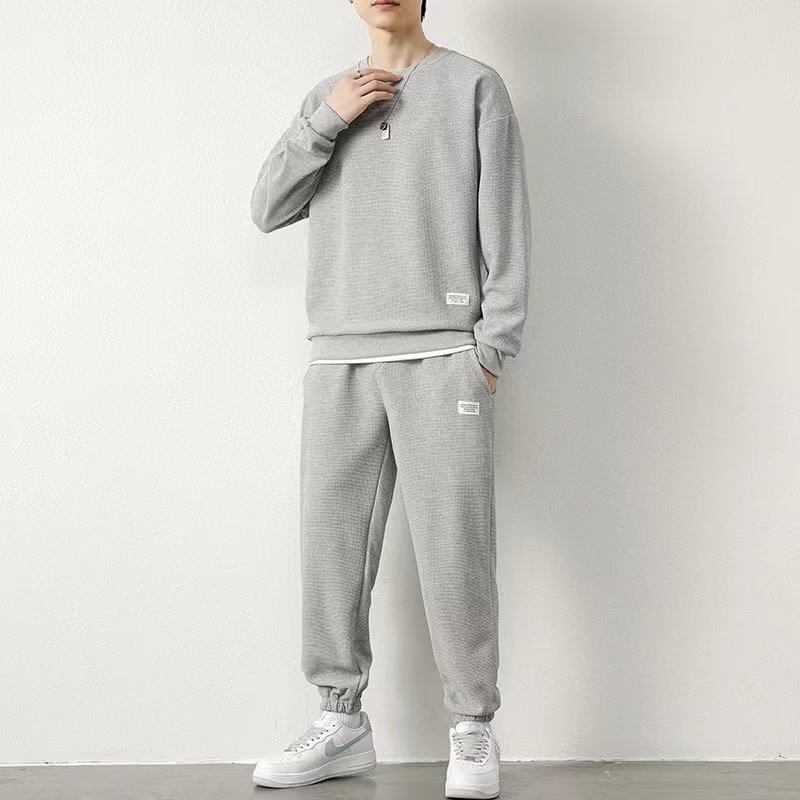 Waffles Casual suit Men's Running Sports Trousers Long-sleeved Sweat Two-piece Set Handsome Men's Fashion Set