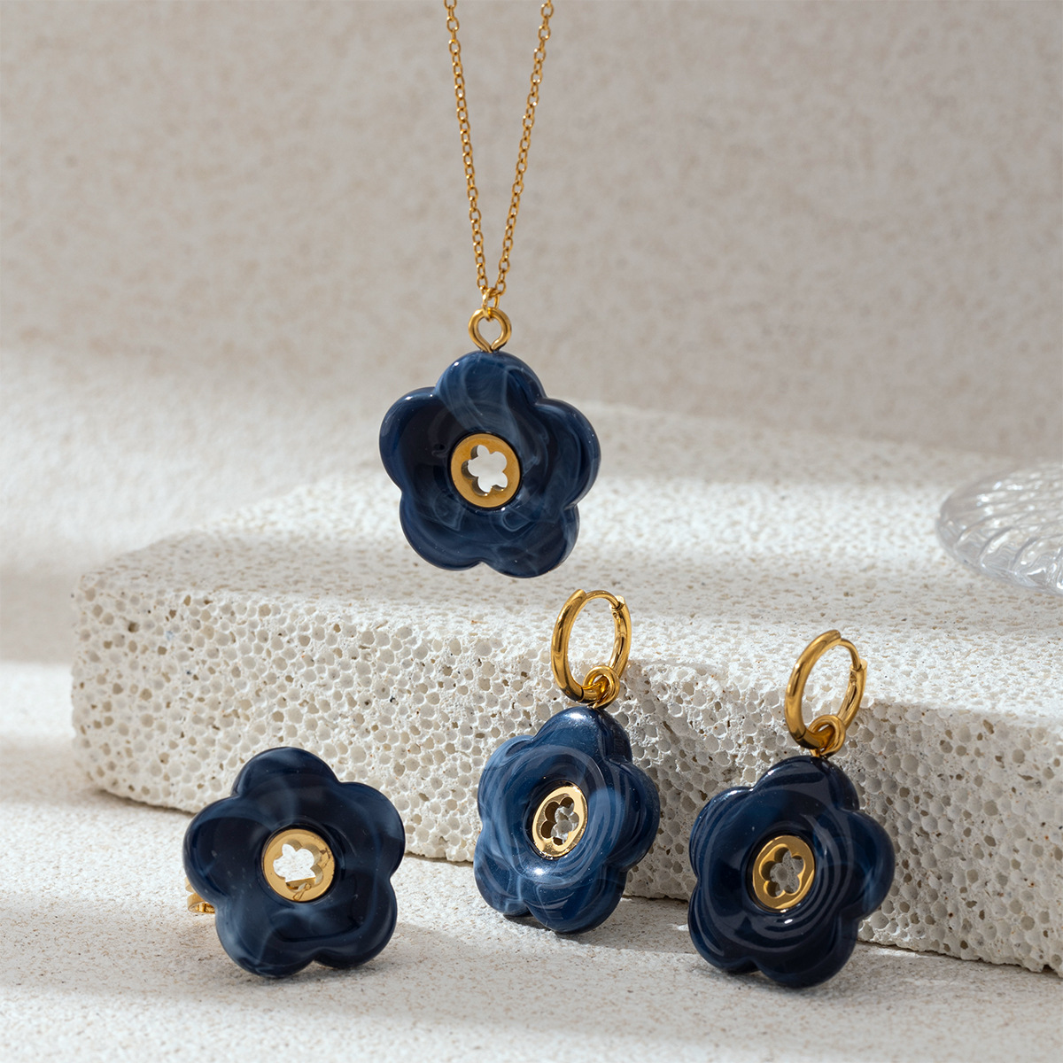 Tina acero inoxidable azul oscuro acrílico collar auriculares anillo conjunto de mujeres no se desvanecen joyas