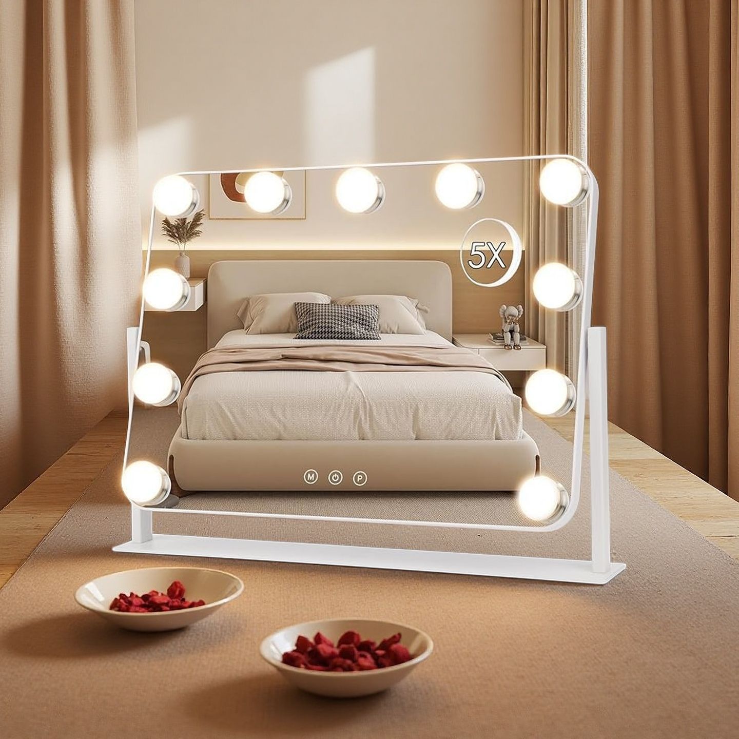 Espelho de Maquiagem Hollywood com 11 Lâmpadas LED, 3 Modos de Cor, Controle por Toque, Ampliação de 10X, Espelho Cosmético com Intensidade Ajustável e Suporte para Quarto
_voghion.com