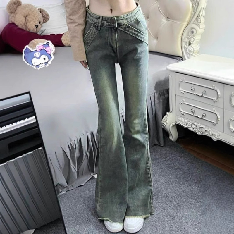 [Non-real shot] Retro Design Sense Burr Edge Micro Horn Jeans Women's Low Waist Spice Girl Stretch Mop Pants Ins