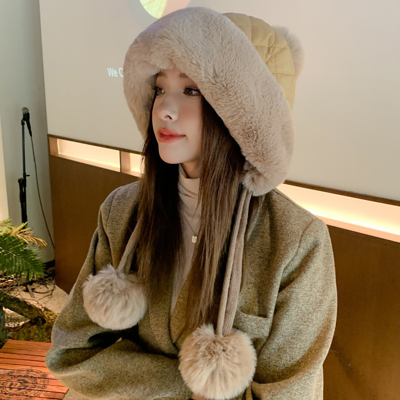 韓国版ins秋冬雷鋒帽子女性ファッションかわいい毛玉耳当て帽子アウトドア防寒厚手ぬいぐるみ帽子ファッション|undefined