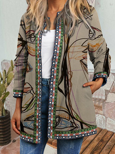 9227# Amazon wish autumn and winter New retro ethnic style printed long-sleeved coat jacket cardigan women's clothing