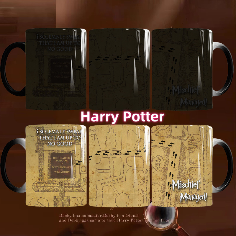 Harry Potter Live Mapa de color cambiante taza de dibujos animados película y televisión periférico de estilo europeo de cerámica simple oficina sensible a la temperatura