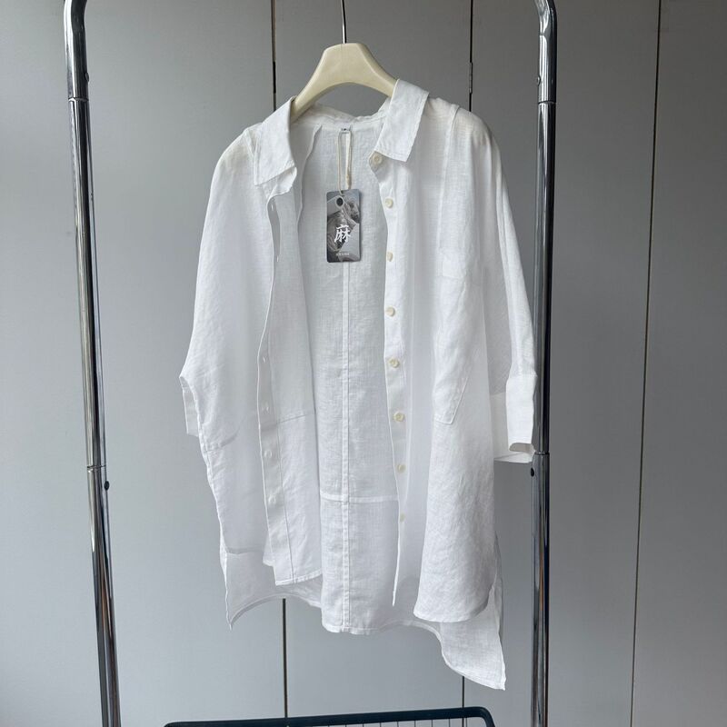 Cutting Designer Natural 100% Linen! Lapel Multi-Button Lightweight Loose Slimming Five-Quarter Sleeve Shirt for Women, New for Summer