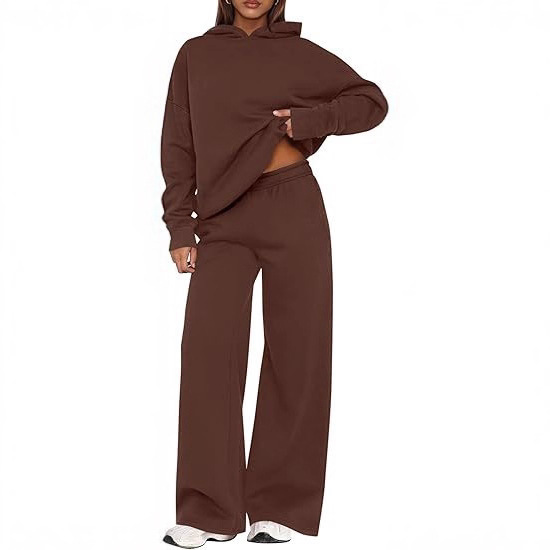 Autumn and Winter Suit Solid Color Fleece-Lined Long-Sleeved Hooded Sweatshirt Loose Wide-Leg Sweatpants Two-Piece Women's Sports Suit