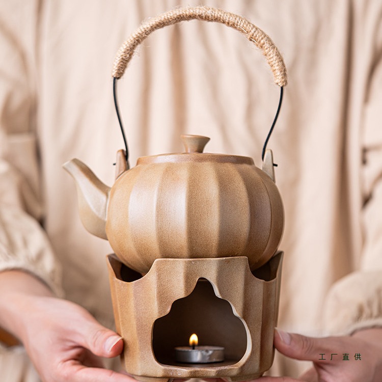 Rustic Pottery Teapot Kung Fu Tea Set with Stove, Tea Warmer, Ceramic Home-Use Fire-Fired Pumpkin Pot Complete Set